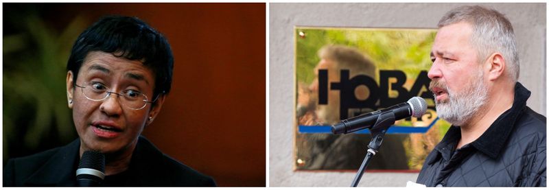 Combinação das fotos da jornalistas filipina, Maria Ressa, e do jornalista russo, Dmitry Muratov, vencedores do Nobel da Paz de 2021 12/03/2019 (esq), 07/10/2013 (dir) - REUTERS/Eloisa Lopez (esq)/Evgeny Feldman (dir)