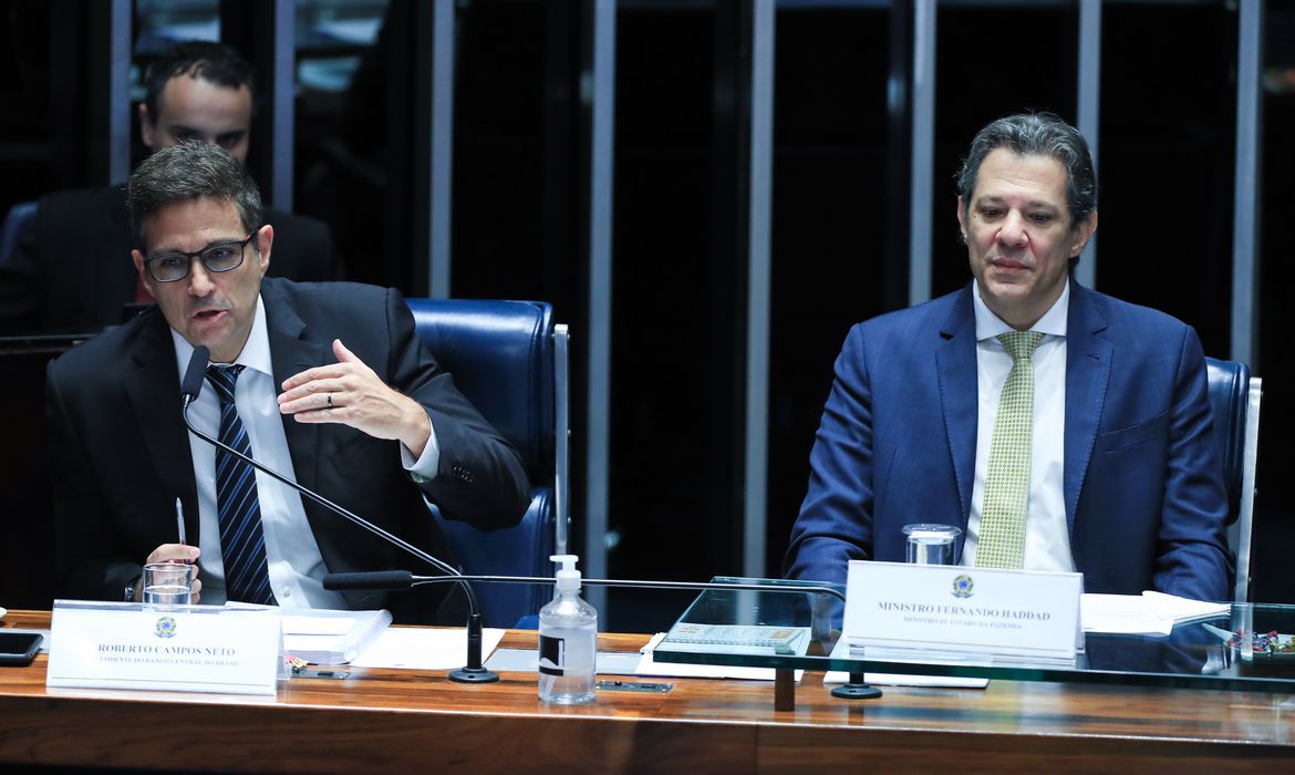 Roberto Campos Neto, presidente do Banco Central, e Fernando Haddad, ministro da Fazenda, em sessão no Senado Federal - Lula Marques, para a Agência Brasil