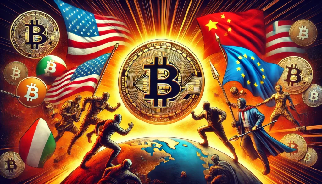 magem do símbolo do Bitcoin em uma luta simbólica contra as grandes potências mundiais, representadas por bandeiras e ícones de países como Estados Unidos, China e União Europeia, destacando a resistência do Bitcoin frente às forças globais.