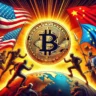 magem do símbolo do Bitcoin em uma luta simbólica contra as grandes potências mundiais, representadas por bandeiras e ícones de países como Estados Unidos, China e União Europeia, destacando a resistência do Bitcoin frente às forças globais.