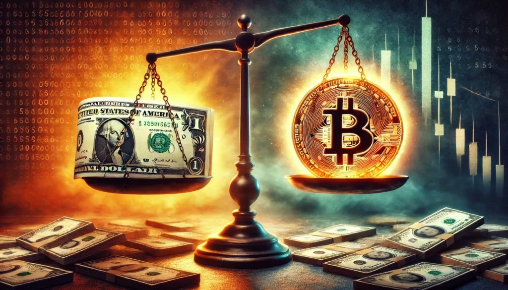 A imagem visa destacar visualmente a tensão e o contraste entre o dólar, símbolo de estabilidade, e o bitcoin, que representa inovação e incerteza, alinhando-se com a temática do artigo sobre os riscos de adotar o bitcoin como reserva estratégica nos EUA.