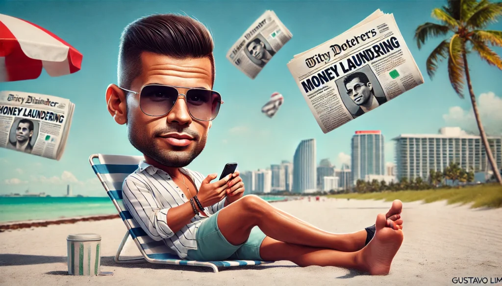 Uma caricatura que retrata Gusttavo Lima relaxando em Miami, com o skyline da cidade ao fundo, usando roupas descontraídas como camisa de botão e bermuda. Ele está de óculos escuros, de frente para uma praia ensolarada, com uma expressão serena, segurando um celular como se estivesse dando uma entrevista. Ao fundo, discretamente, aparecem manchetes de jornal voando no vento, aludindo ao seu envolvimento no caso de lavagem de dinheiro. A cena tem um tom irônico, contrastando a tranquilidade da imagem com o contexto judicial agitado que envolve o cantor.