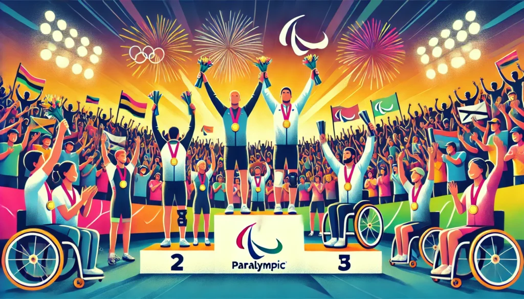 representar a celebração dos atletas paralímpicos ao receberem suas medalhas, destacando o espírito de vitória.