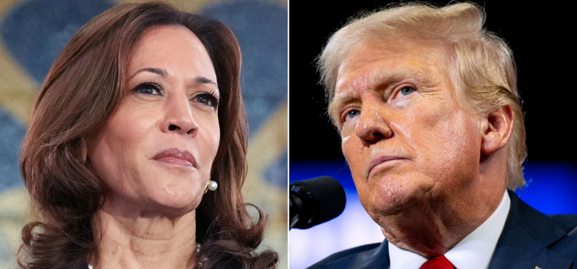 Da esquerda para a direita: vice-presidente democrata Kamala Harris e ex-presidente republicano Donald Trump, candidatos à presidência dos EUA nas eleições de 2024