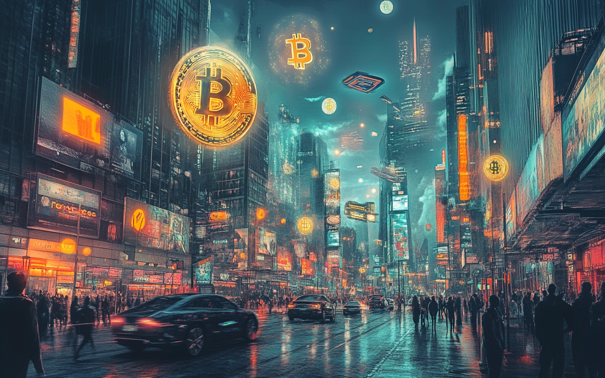 Futuro das criptomoedas: um mundo digital onde ativos como Bitcoin dominam as finanças e a inovação. (Fonte: IA)