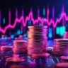 Pilhas de criptomoedas com gráficos de mercado ao fundo, simbolizando o crescimento das altcoins como FXGuys, SUI, XRP e HBAR no mercado cripto de 2025. (Fonte: IA)