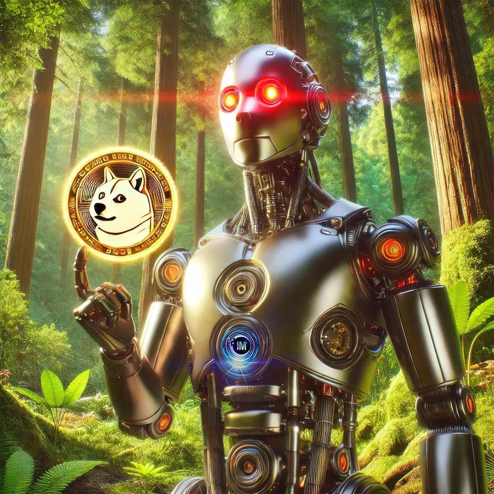 Um robô futurista com olhos brilhantes segura um token cripto de Shiba Inu, simbolizando a fusão entre inteligência artificial e finanças descentralizadas, com um cenário de floresta ao fundo. (Fonte: IA)