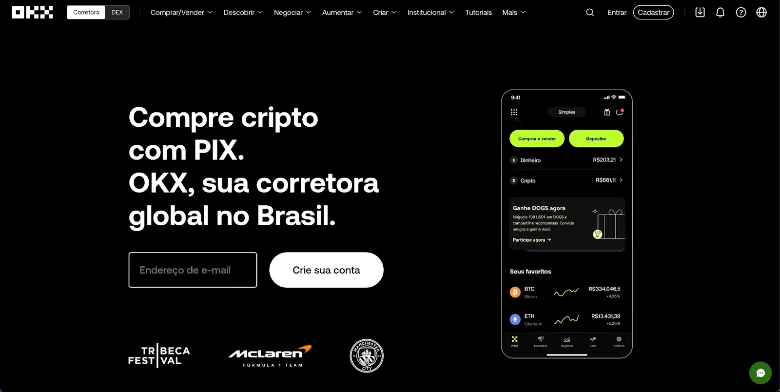 Página inicial da OKX destacando a compra de criptomoedas via PIX no Brasil. (Fonte: OKX)