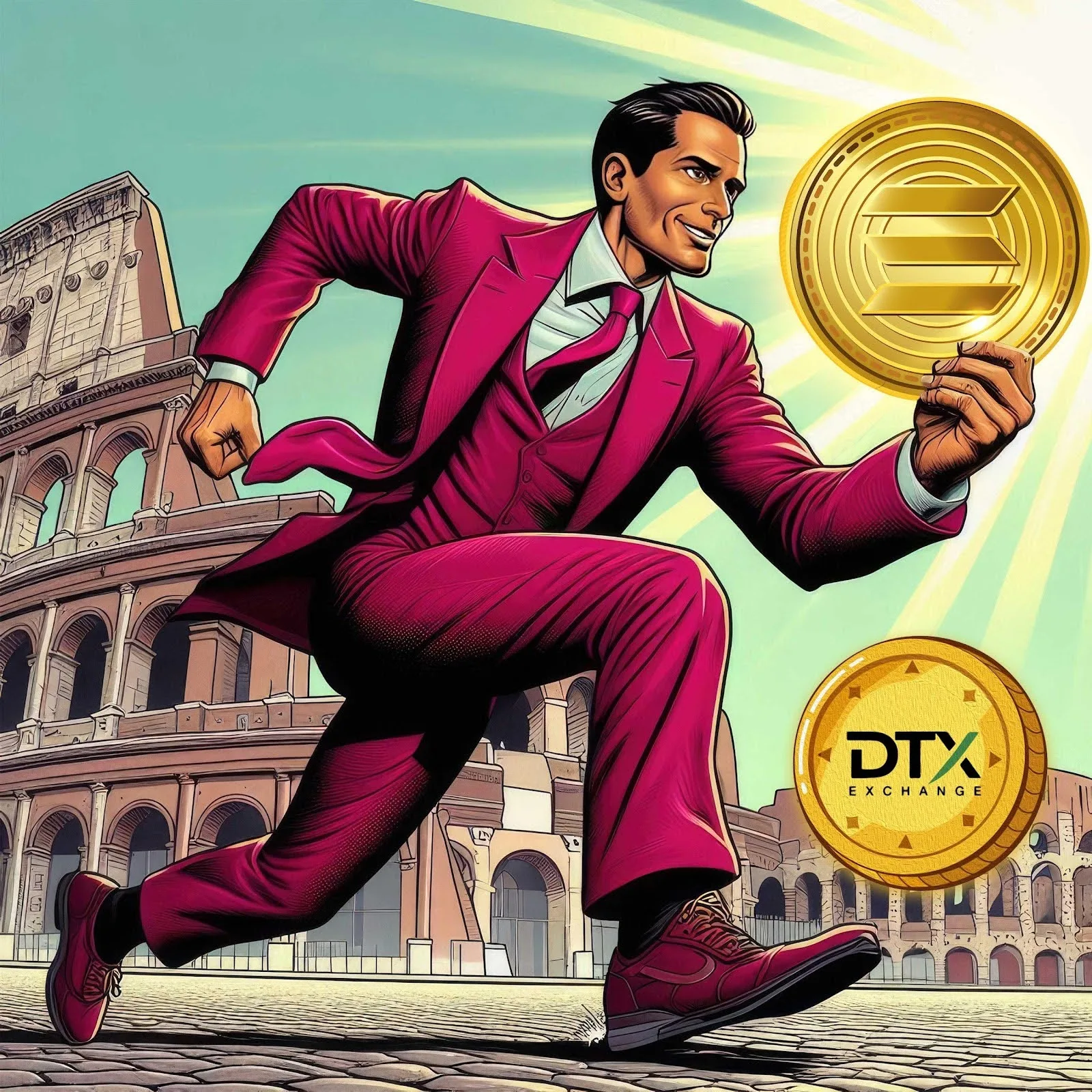 Investidor corre em direção ao futuro das criptomoedas segurando uma moeda Solana, enquanto a DTX Exchange surge como uma nova promessa no cenário cripto. (Fonte: DTX Exchange)