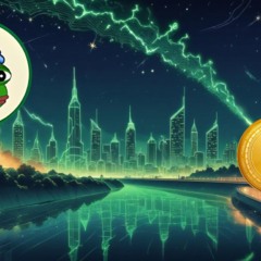 Ilustração com o logo do Little Pepe (sapo com chupeta e touca azul) à esquerda, moeda do Ethereum à direita e cidade futurista ao fundo com raios verdes no céu, representando o avanço tecnológico e financeiro das criptomoedas.