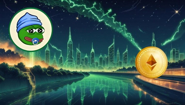 Ilustração com o logo do Little Pepe (sapo com chupeta e touca azul) à esquerda, moeda do Ethereum à direita e cidade futurista ao fundo com raios verdes no céu, representando o avanço tecnológico e financeiro das criptomoedas.