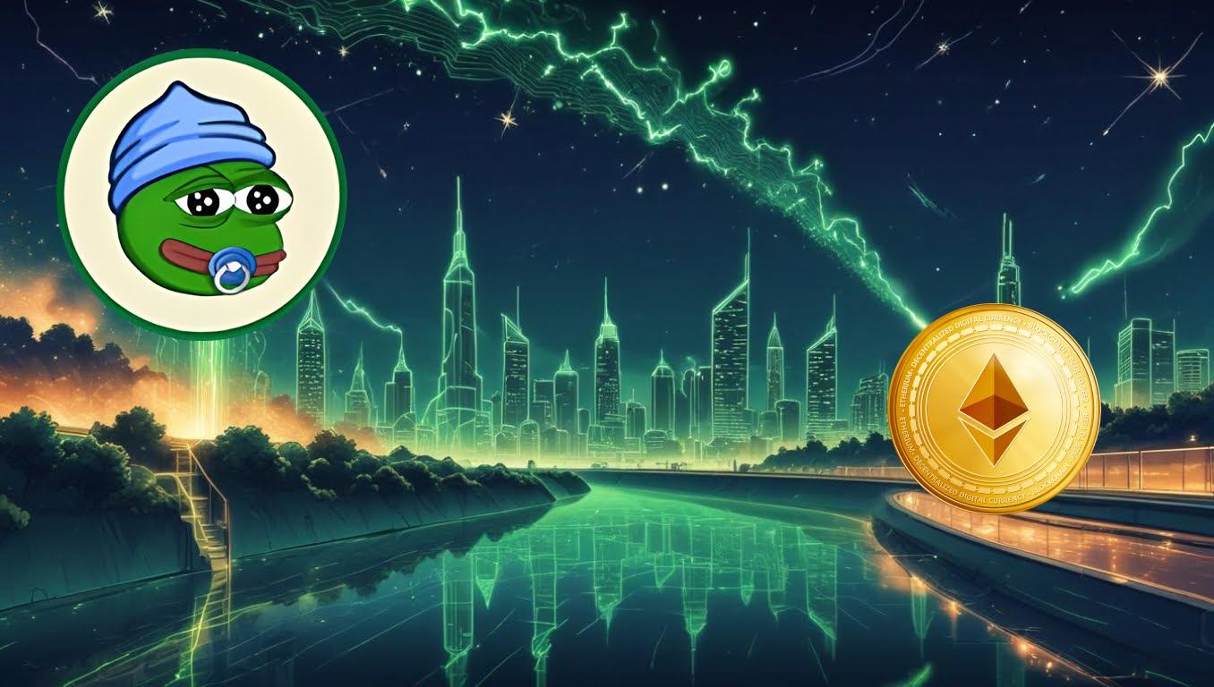 Ilustração com o logo do Little Pepe (sapo com chupeta e touca azul) à esquerda, moeda do Ethereum à direita e cidade futurista ao fundo com raios verdes no céu, representando o avanço tecnológico e financeiro das criptomoedas.