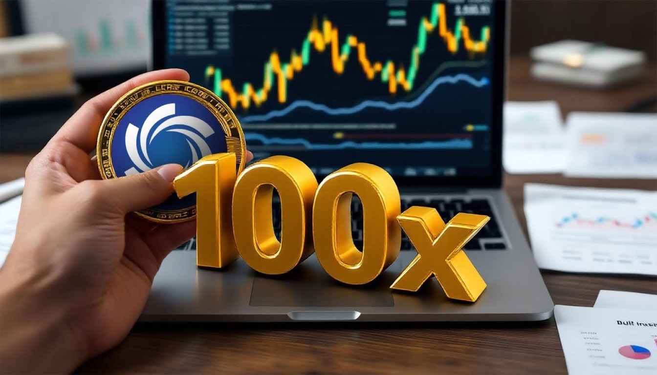 Mão segurando uma moeda digital com o logo da Ozak AI ao lado do texto "100x", com gráfico de criptoativos ao fundo em um notebook — símbolo de alta expectativa de valorização no mercado de criptomoedas.