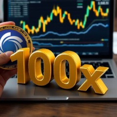 Mão segurando uma moeda digital com o logo da Ozak AI ao lado do texto "100x", com gráfico de criptoativos ao fundo em um notebook — símbolo de alta expectativa de valorização no mercado de criptomoedas.