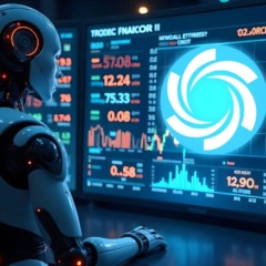Robô observando várias telas com gráficos de trading e dados de mercado, representando inteligência artificial aplicada a criptomoedas e finanças.