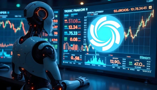 Robô observando várias telas com gráficos de trading e dados de mercado, representando inteligência artificial aplicada a criptomoedas e finanças.