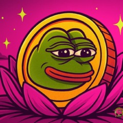 Token Angry Pepe Fork ($APORK) em forma de moeda com rosto do Pepe sobre flor de lótus em lago psicodélico