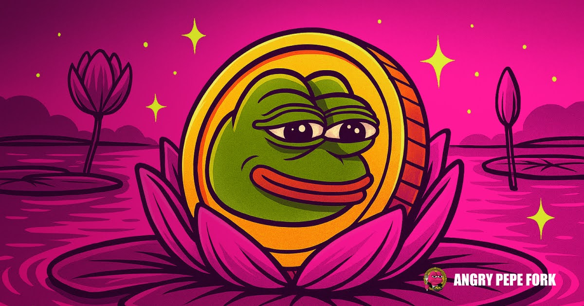 Token Angry Pepe Fork ($APORK) em forma de moeda com rosto do Pepe sobre flor de lótus em lago psicodélico