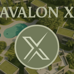 Imagem aérea do Eco Valley com casas sustentáveis, piscina e logo da Avalon X ao centro.