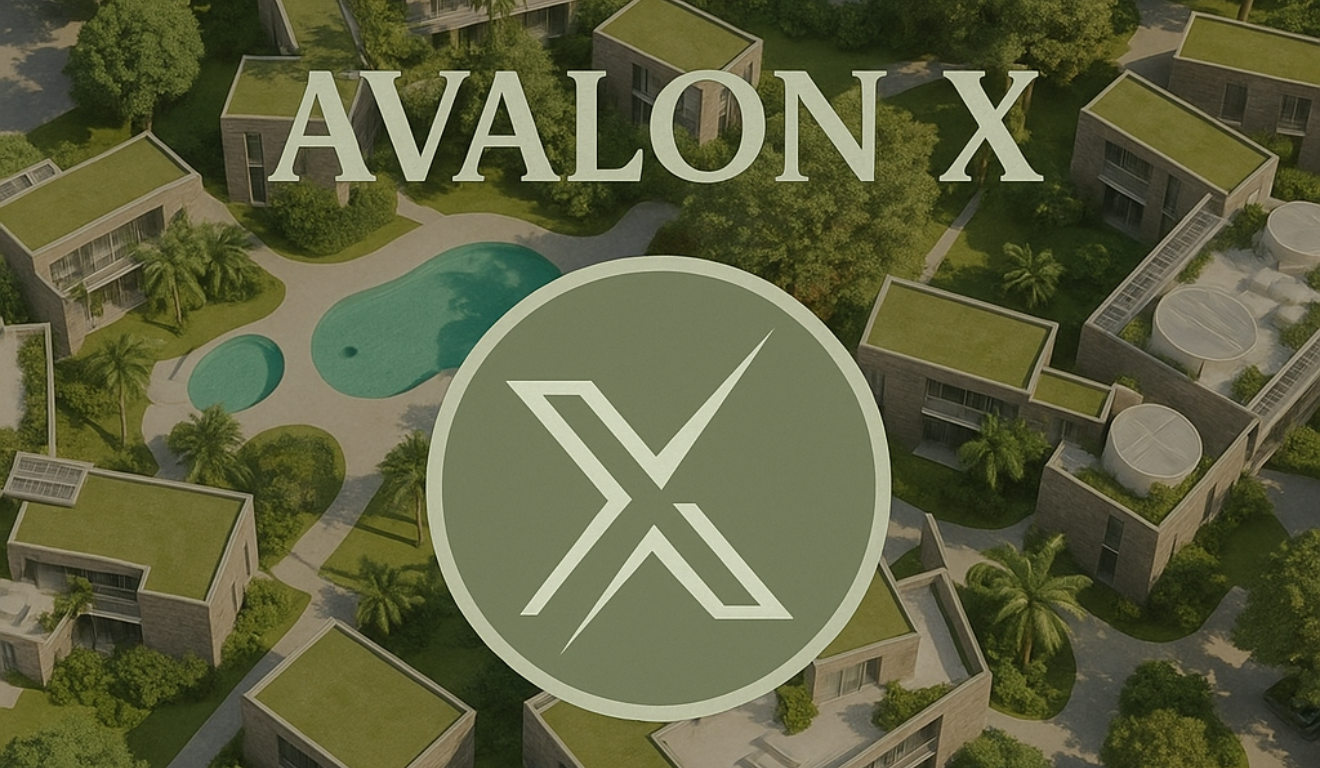 Imagem aérea do Eco Valley com casas sustentáveis, piscina e logo da Avalon X ao centro.