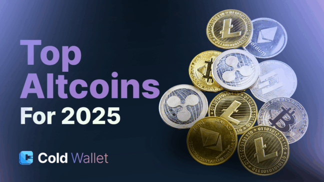 Imagem promocional com o título “Top Altcoins for 2025”, logotipo da Cold Wallet e moedas representando criptomoedas como Ethereum, Bitcoin, Ripple (XRP), Litecoin e outras.