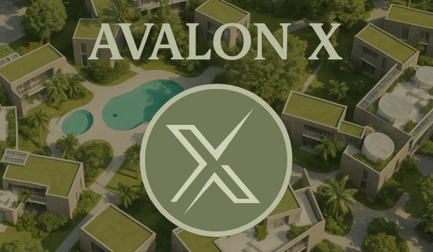 Imagem aérea do Eco Valley com casas sustentáveis, piscina e logo da Avalon X ao centro.