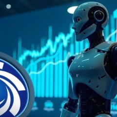 Robô futurista observando gráfico financeiro em alta, simbolizando a Ozak AI e o potencial de investimentos em criptomoedas com inteligência artificial.