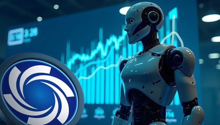 Robô futurista observando gráfico financeiro em alta, simbolizando a Ozak AI e o potencial de investimentos em criptomoedas com inteligência artificial.