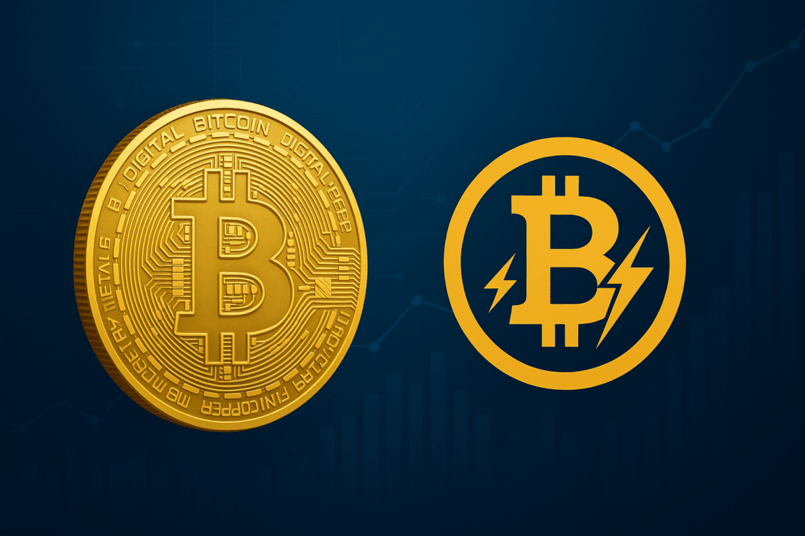 Imagem com representação do Bitcoin tradicional ao lado do Bitcoin Lightning, destacando evolução e escalabilidade das criptomoedas.