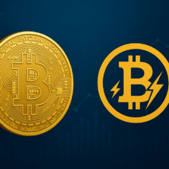 Imagem com representação do Bitcoin tradicional ao lado do Bitcoin Lightning, destacando evolução e escalabilidade das criptomoedas.