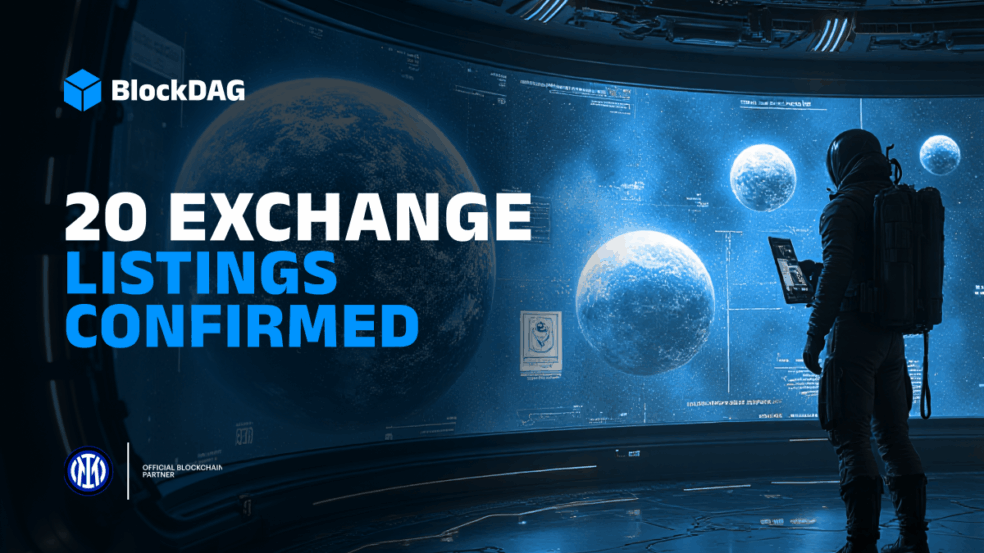 Imagem futurista mostrando um astronauta observando planetas e dados digitais em uma tela, com o texto "20 Exchange Listings Confirmed" e o logotipo da BlockDAG, anunciando a confirmação de listagem em 20 exchanges.