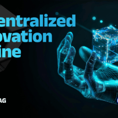 Mão digital segurando um cubo tecnológico brilhante, representando o BlockDAG como motor de inovação descentralizada e ecossistema cripto ativo antes do lançamento.