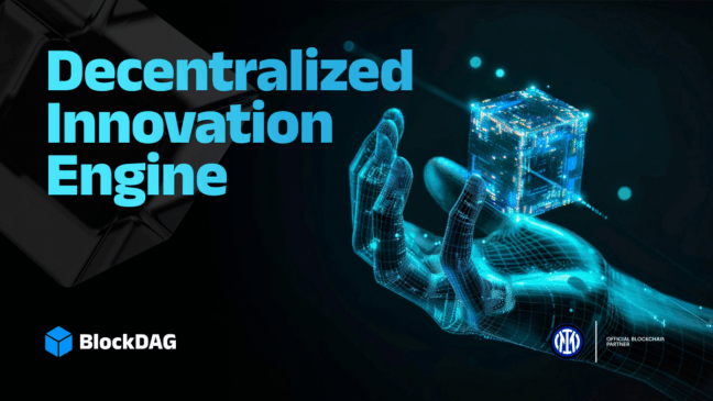 Mão digital segurando um cubo tecnológico brilhante, representando o BlockDAG como motor de inovação descentralizada e ecossistema cripto ativo antes do lançamento.