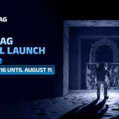 Lançamento global da BlockDAG, astronauta em frente a portal futurista, oferta de US$0,0016 até 11 de agosto.