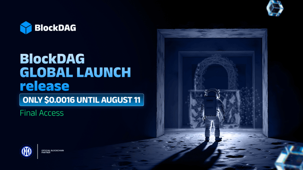 Lançamento global da BlockDAG, astronauta em frente a portal futurista, oferta de US$0,0016 até 11 de agosto.