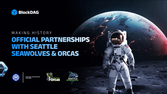 Astronauta na superfície lunar com a Terra ao fundo, acompanhado dos logotipos da BlockDAG, Seattle Seawolves e Seattle Orcas, destacando as parcerias oficiais da empresa.