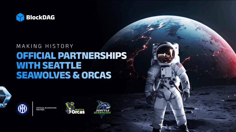 Astronauta na superfície lunar com a Terra ao fundo, acompanhado dos logotipos da BlockDAG, Seattle Seawolves e Seattle Orcas, destacando as parcerias oficiais da empresa.