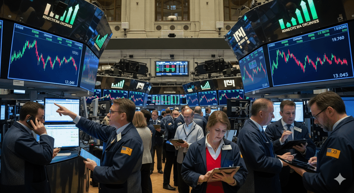 Pessoas observam painéis de negociação de ações em uma bolsa de valores, com indicadores em alta e em baixa. A imagem representa o cenário de volatilidade nos mercados globais.