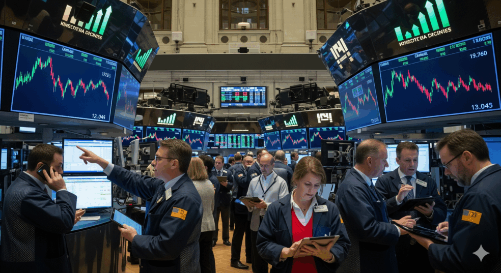 Pessoas observam painéis de negociação de ações em uma bolsa de valores, com indicadores em alta e em baixa. A imagem representa o cenário de volatilidade nos mercados globais. Pessoas observam painéis de negociação de ações em uma bolsa de valores, com indicadores em alta e em baixa. A imagem representa o cenário de volatilidade nos mercados globais.