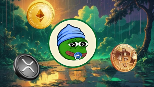 Ilustração do token Little Pepe (LILPEPE) cercado por símbolos do Bitcoin, Ethereum e XRP em cenário digital.