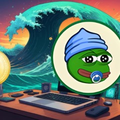 Ilustração de Little Pepe em frente a um laptop, com o logotipo do Ethereum e uma grande onda ao fundo, representando a especulação sobre os preços do ETH, BTC e LILPEPE.
