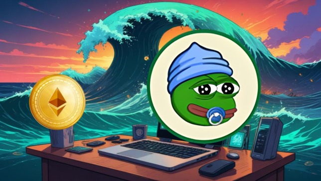 Ilustração de Little Pepe em frente a um laptop, com o logotipo do Ethereum e uma grande onda ao fundo, representando a especulação sobre os preços do ETH, BTC e LILPEPE.