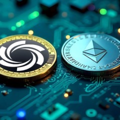 Moedas digitais representando Cardano ADA e Ozak AI em placa de circuito, simbolizando previsão de alta para US$5 e valorização de 100x em 2025.
