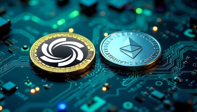 Moedas digitais representando Cardano ADA e Ozak AI em placa de circuito, simbolizando previsão de alta para US$5 e valorização de 100x em 2025.