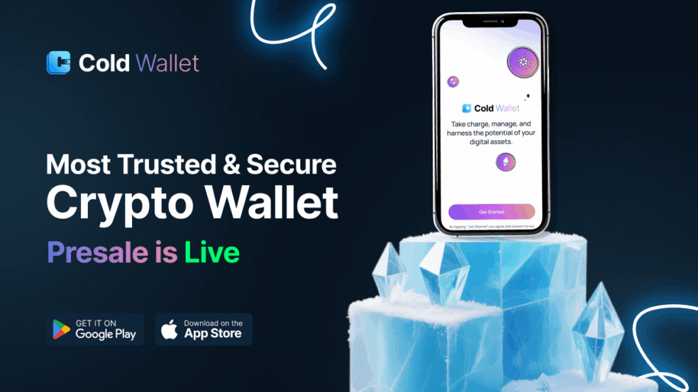 Imagem promocional da Cold Wallet destacando a pré-venda ativa, com smartphone exibindo o aplicativo e elementos gráficos de gelo, acompanhada dos botões de download no Google Play e App Store.