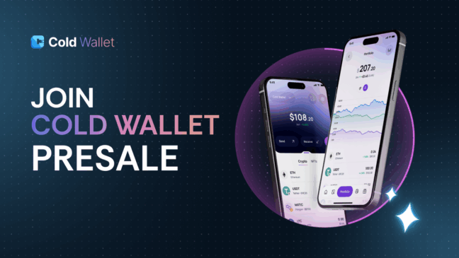 Mockup de aplicativo Cold Wallet exibindo saldo e gráficos de desempenho em dois smartphones, com o texto “Join Cold Wallet Presale” sobre fundo azul escuro pontilhado.