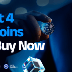 Mão segurando uma moeda física de Bitcoin com fundo desfocado em tons de azul, acompanhada do texto “Best 4 Altcoins To Buy Now” e logotipos da BlockDAG e Inter de Milão.