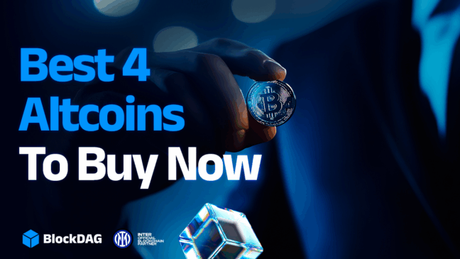 Mão segurando uma moeda física de Bitcoin com fundo desfocado em tons de azul, acompanhada do texto “Best 4 Altcoins To Buy Now” e logotipos da BlockDAG e Inter de Milão.