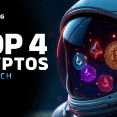 Imagem de capa mostrando um astronauta com criptomoedas refletidas no visor do capacete, destacando Bitcoin e Ethereum, representando o artigo sobre as 4 criptomoedas para comprar em 2025: BlockDAG, BNB, Chainlink e Mantle.