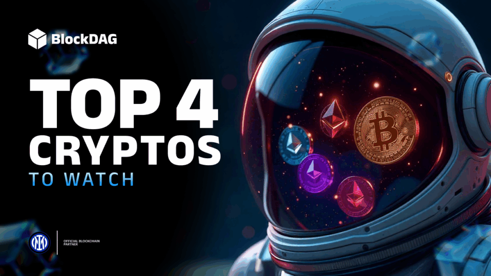 Imagem de capa mostrando um astronauta com criptomoedas refletidas no visor do capacete, destacando Bitcoin e Ethereum, representando o artigo sobre as 4 criptomoedas para comprar em 2025: BlockDAG, BNB, Chainlink e Mantle.